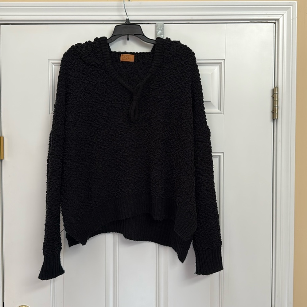 Black v-neck hooded sweater